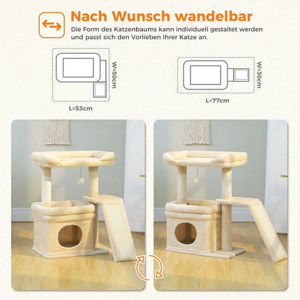 PETEPELA Kleiner Kratzbaum für große ausgewachsene Katzen mit breiter oberer Liegefläche, privater Katzenhöhle und Sisal-Kratzsäule，Kratzpad für Wohnungskatzen,beige