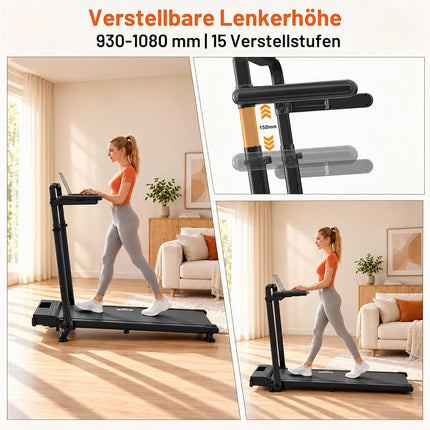 Laufband Walking Pad 6 in 1 mit Steigung 3–15% und verstellbarem Griff, Schreibtisch, 1–12 km/h, 8-Punkt-Dämpfung, LED-Display, Fernbedienung, max. 130 kg