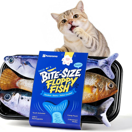 Potaroma Katzenspielzeug, interaktives elektrisches flatterndes Fisch-Spielzeug 3er-Set, wiederaufladbar mit Katzenminze & 3 Flattermodi, 18 cm, Stabiler Plüsch, automatische Bewegungsaktivierung