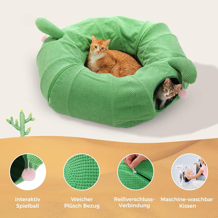 PETEPELA Katzentunnel, Kaktus-Katzen-Donut-Tunnel, zusammenklappbarer Katzentunnel, Durchmesser 90cm mit Blumen-Weichmatte für Wohnungskatzen