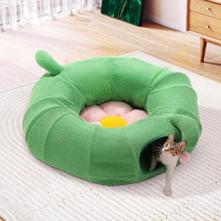 PETEPELA Katzentunnel, Kaktus-Katzen-Donut-Tunnel, zusammenklappbarer Katzentunnel, Durchmesser 90cm mit Blumen-Weichmatte für Wohnungskatzen