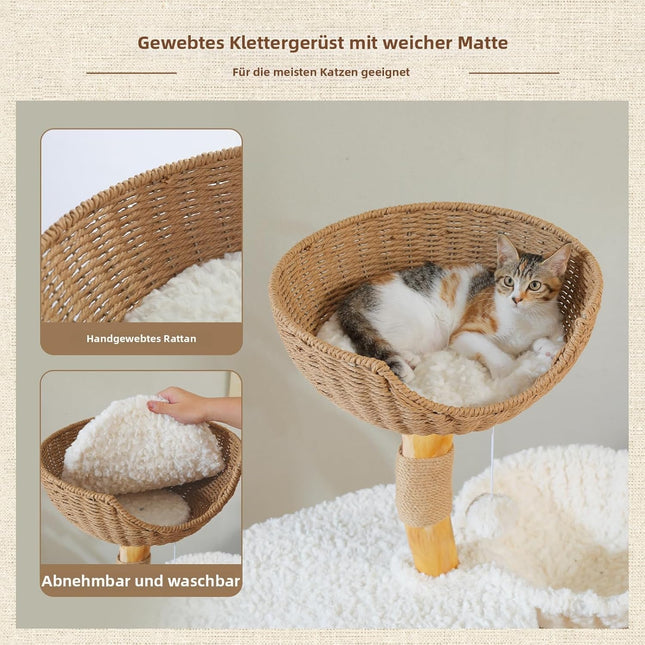 PETEPELA 120 cm Moderner Kratzbaum für große Katzen mit Blumen-Aussichtsplattform, natürlichem Massivholz-Kratzpfosten, Boho-Rattan-Kratzbaum mit Höhle und Weidenkorb-Bett für Wohnungskatzen, Wolkenwe